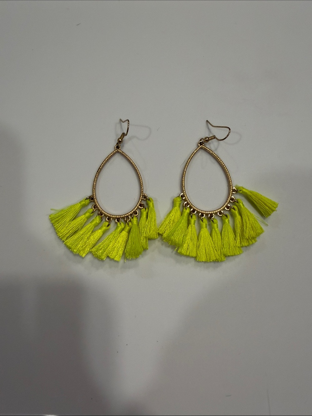 Gold Teardrop Earrings with Neon Yellow Tassels